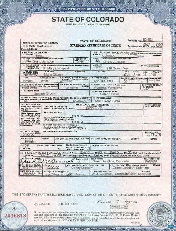 Download USA Colorado state death certificate template in PSD format Photoshop template
